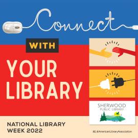 Connect with Your Library graphic with picture of hands reaching toward each other, two cables connecting.