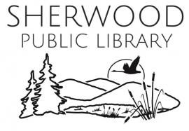 Sherwood Public Library logo, line drawing of hills, trees, heron