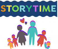 Colorful text spelling out Storytime with nondescript people