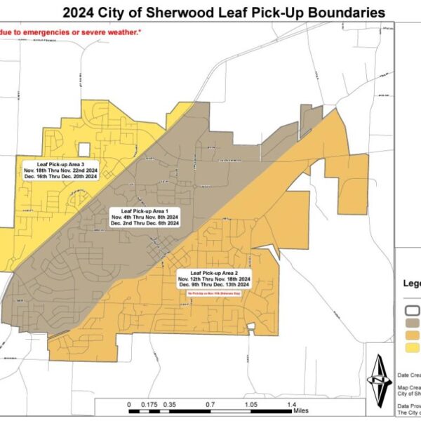 Map illustrating the 2024 City of Sherwood leaf pick-up boundaries, divided into four areas with specific dates. Includes streets, legend, and the Sherwood logo.