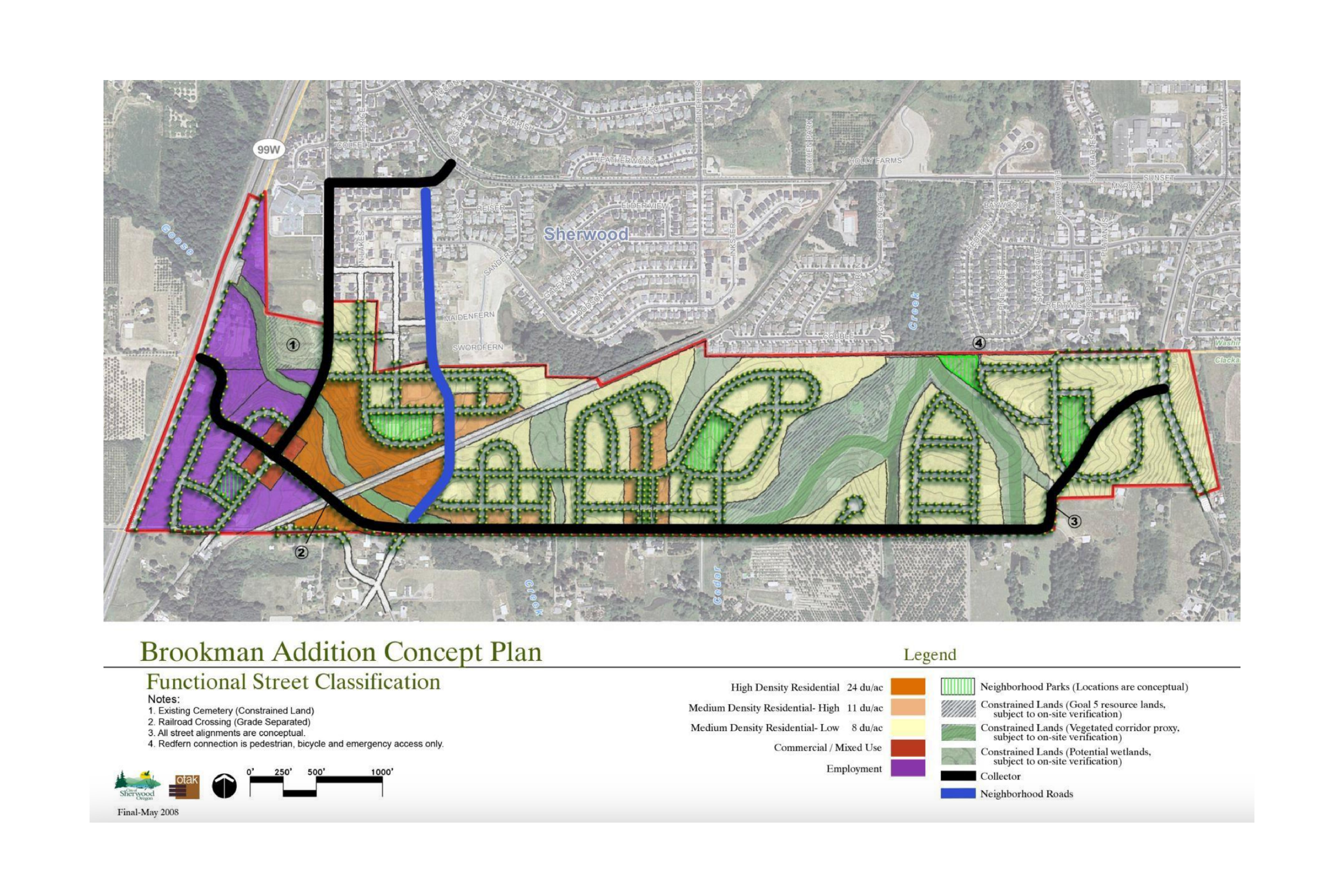 Map showing the Brookman Addition Concept Plan with color-coded residential, commercial, and street classifications overlaid on an aerial view of a neighborhood.