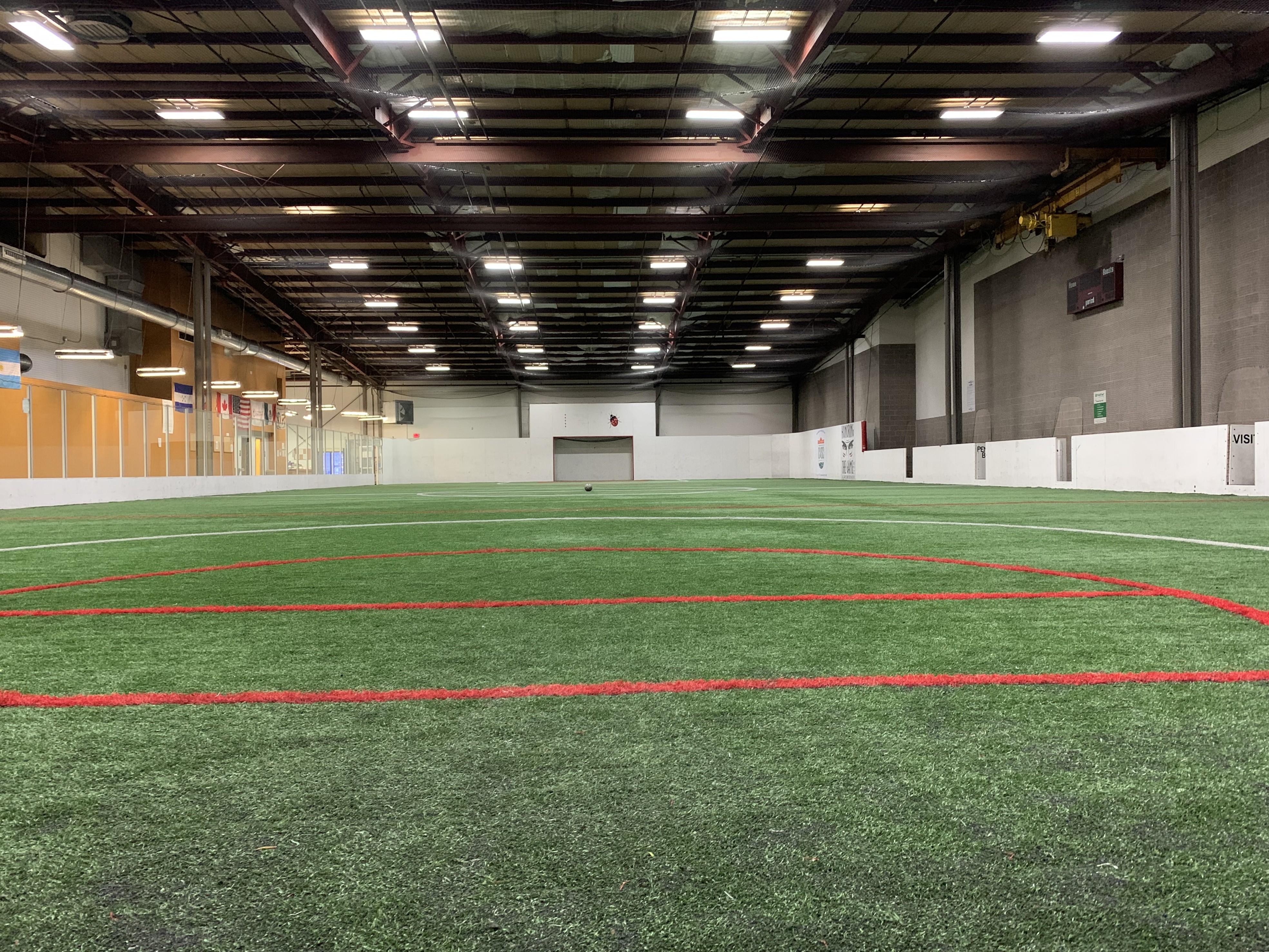 Indoor sports field with artificial turf and red markings, surrounded by walls and a high ceiling with overhead lighting.