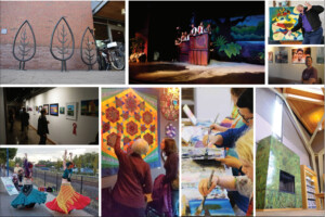 A collage of arts-related scenes, including murals, paintings, dance, theater, and people viewing or creating artwork in various indoor and outdoor settings.