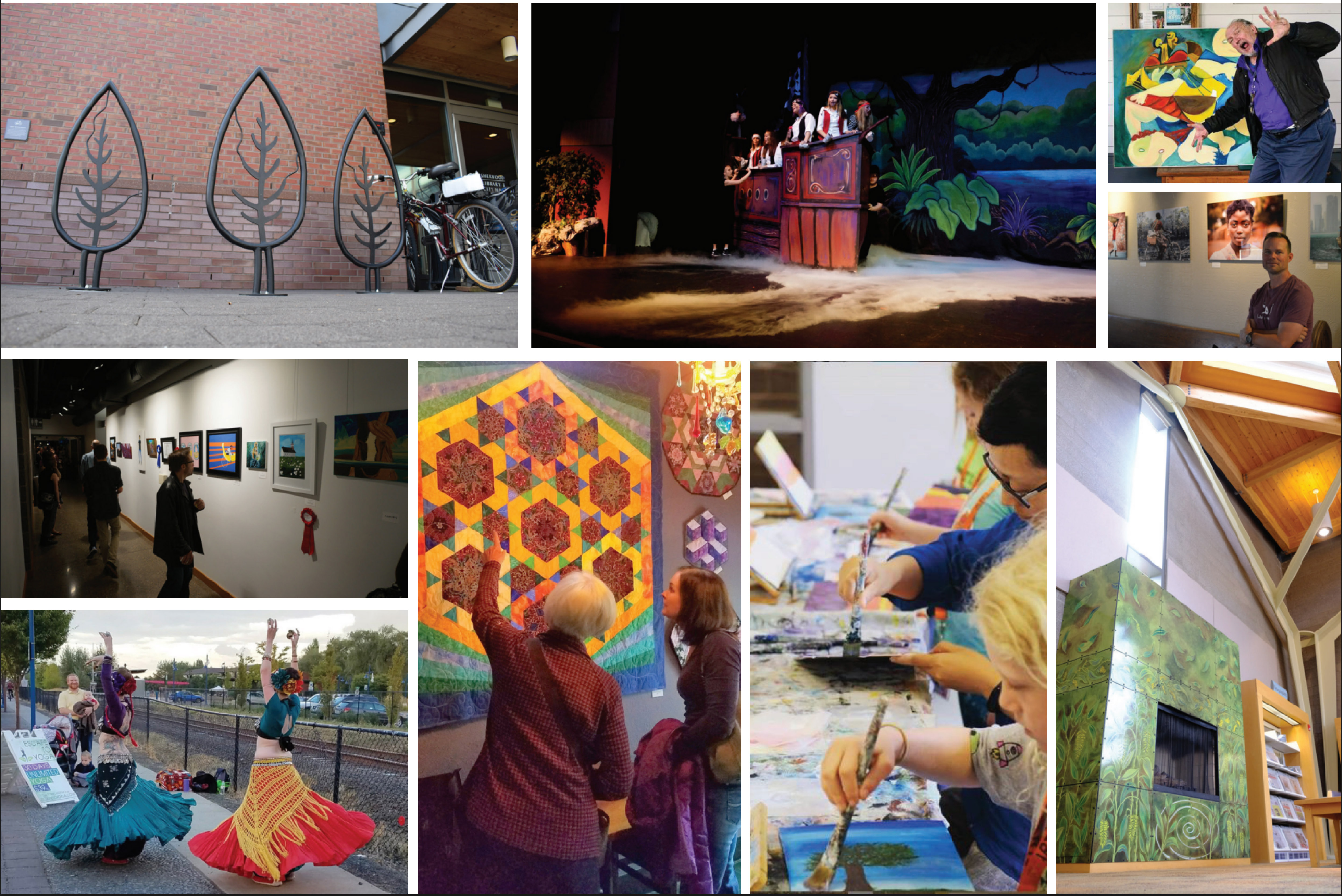 A collage of arts-related scenes, including murals, paintings, dance, theater, and people viewing or creating artwork in various indoor and outdoor settings.