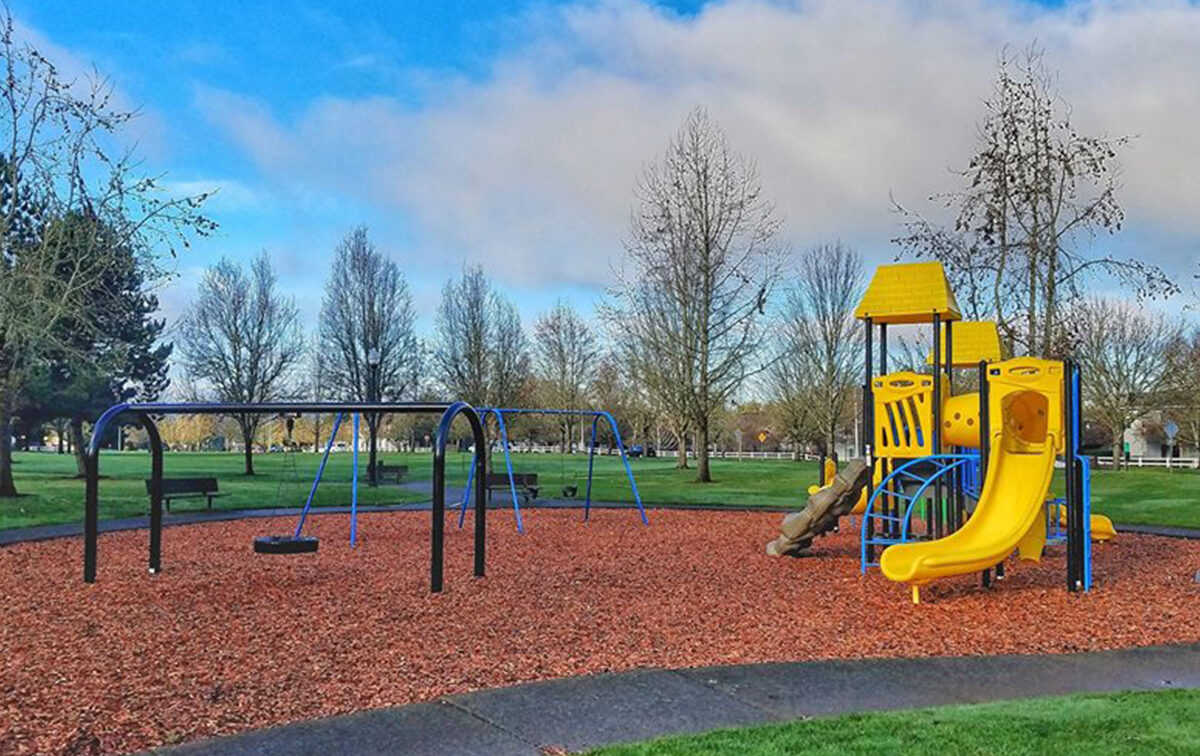Children's playground with swings, slides, and climbing structures on bark chips. Trees and grass surround the area under a partly cloudy sky.
