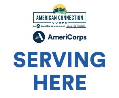Logo for American Connection Corps and AmeriCorps with the text "Serving Here" below it.