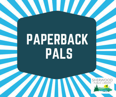 Text reads "Paperback Pals" on a dark blue hexagonal shape with blue and white striped background, Sherwood Public Library logo in the corner.