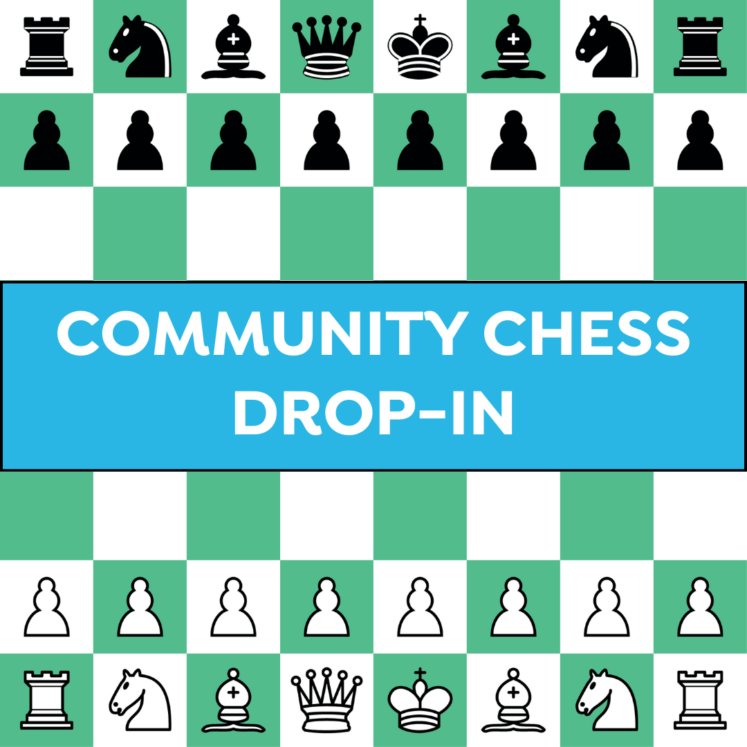 A chessboard with pieces set up for a new game. In the center, a blue banner reads 